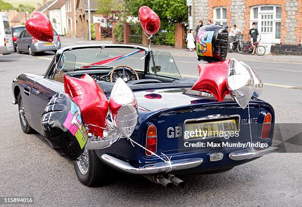 The convertible Aston Martin car used by Sam Waley-Cohen and Annabel Ballin to leave St. Michael and All Angels church after their wedding on June...