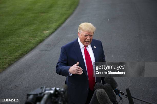 President Donald Trump speaks to members of the media on the South Lawn of the White House in Washington, D.C., U.S., on Thursday, Aug. 1, 2019....