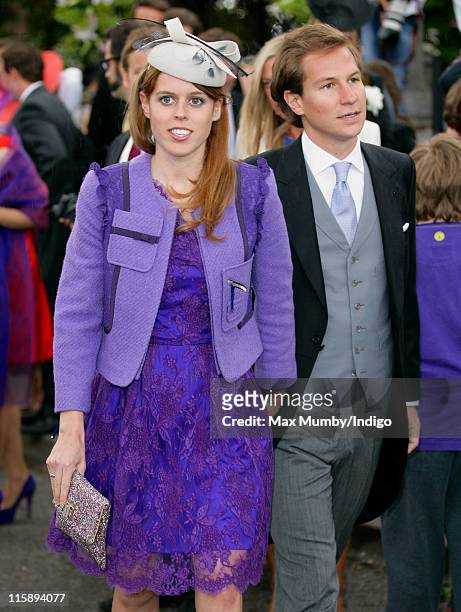 Princess Beatrice of York and Dave Clark attend the wedding of Sam Waley-Cohen and Annabel Ballin at St. Michael and All Angels church on June 11,...