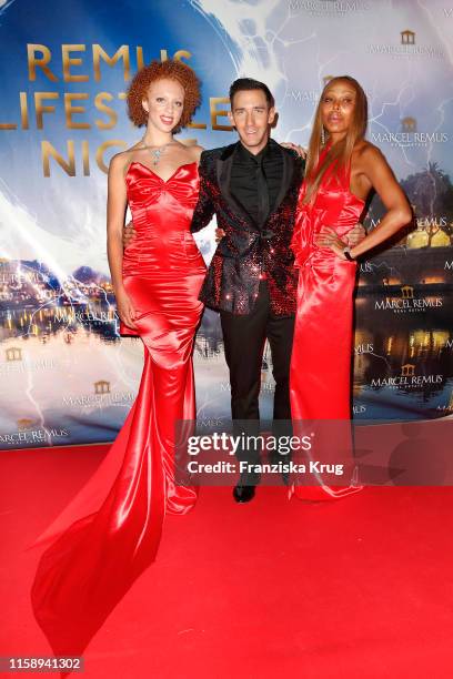 Anna Ermakova, Marcel Remus and her mother Angela Ermakova during the Remus Lifestyle Night on August 1, 2019 in Palma de Mallorca, Spain.