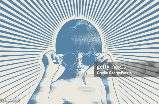 confident woman peeking over sunglasses - sunglasses woman stock illustrations