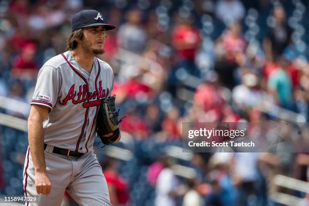 Luke Jackson of the Atlanta Braves pitches against the Washington Nationals during the ninth inning at Nationals Park on July 31, 2019 in Washington,...