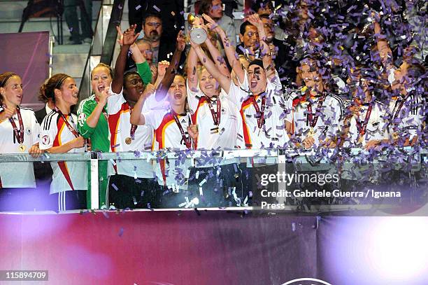 Players of Germany awardered after have win the final match of European Women's Under 19 Football Championship between Germany and Norway on June 11,...