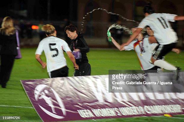 Maren Meinert head coach of Germany celebrated by players after have win the final match of European Women's Under 19 Football Championship between...