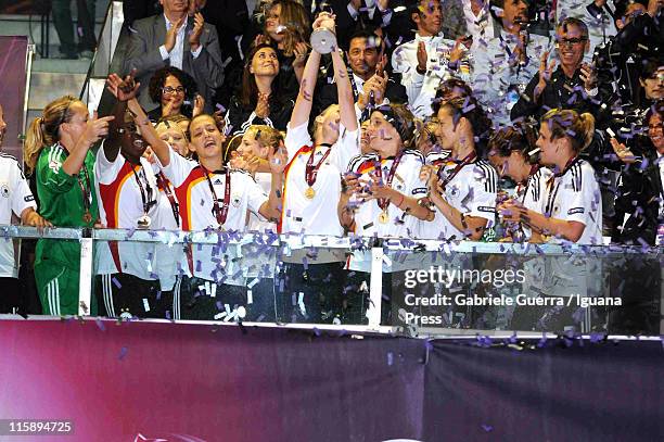 Players of Germany awardered after have win the final match of European Women's Under 19 Football Championship between Germany and Norway on June 11,...