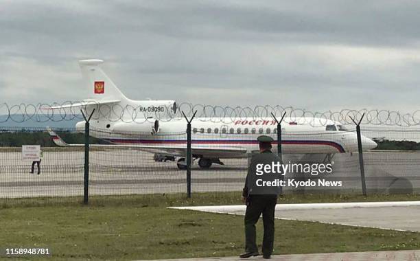 Russian government plane arrives at Etorofu Island off Japan's Hokkaido on Aug. 2, 2019. Russian Prime Minister Dmitry Medvedev made his first visit...