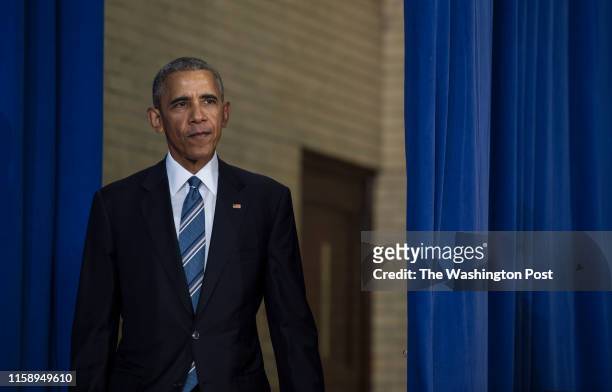 President Barack Obama arrives to give remarks at Benjamin Banneker Academic High School in Washington, D.C., on Monday, October 17, 2016.