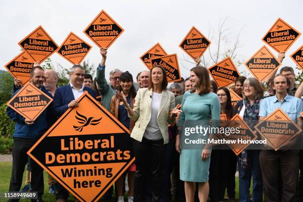 By-election victor and Welsh Lib Dem leader Jane Dodds MP speaks and poses with Lib Dem leader Jo Swinson MP to celebrate the victory in the Garden...