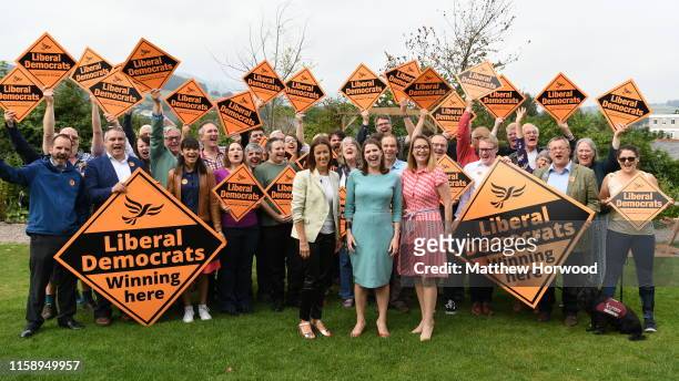 By-election victor and Welsh Lib Dem leader Jane Dodds MP poses with Lib Dem leader Jo Swinson MP, Kirsty Williams AM and party activists at a...