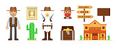 Set of cartoon cowboy character with different western design or game elements. Icons of cactus, gun, treasure chest, saloon, cowboy hat,  road sign and other elements