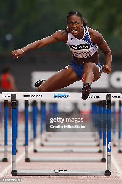 Danielle Carruthers of the USA races en route to winning the 100m Women's Hurdle during the adidas Grand Prix at Icahn Stadium on June 11, 2011 in...