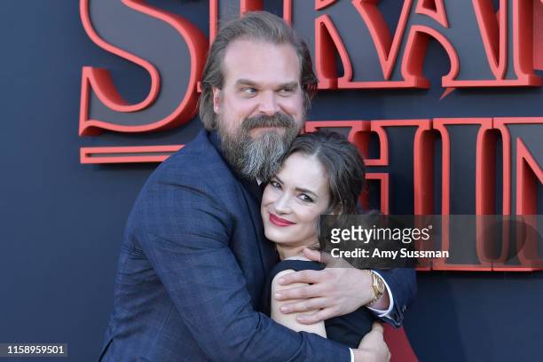 David Harbour and Winona Ryder attend the premiere of Netflix's "Stranger Things" Season 3 on June 28, 2019 in Santa Monica, California.