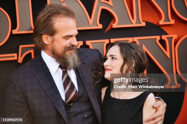 David Harbour and Winona Ryder attend the premiere of Netflix's "Stranger Things" Season 3 on June 28, 2019 in Santa Monica, California.