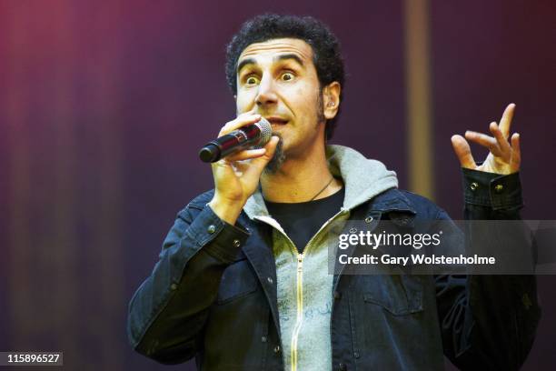 Serj Tankian of System Of A Down performs on stage during the second day of Download Festival at Donnington Park on June 11, 2011 in Donnington,...