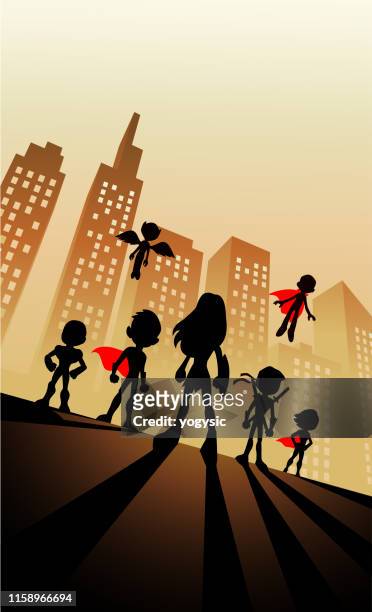 vektor cartoon kinder superhelden team silhouette - children role playing crime stock-grafiken, -clipart, -cartoons und -symbole