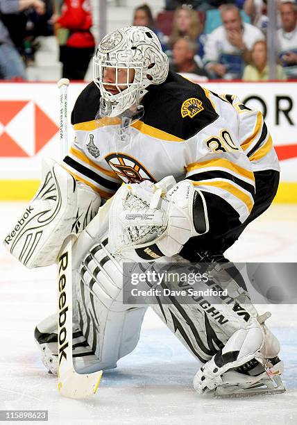 Tim Thomas of the Boston Bruins plays in Game Five of the 2011 NHL Stanley Cup Finals against the Vancouver Canucks at the Rogers Arena on June 10,...