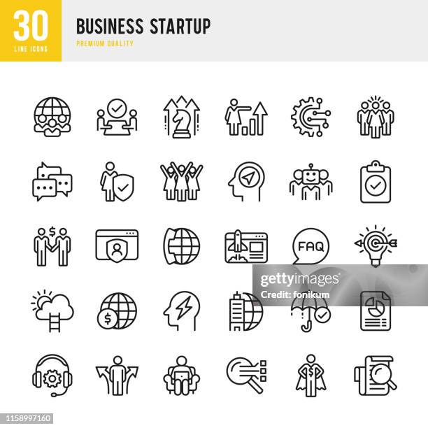business startup - line vector icon set - artificial neural network stock illustrations