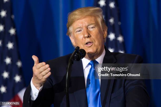 President Donald Trump speaks during a press conference after the G-20 Summit on June 29, 2019 in Osaka, Japan. Trump and Chinese President Xi...