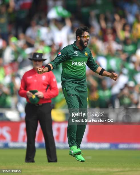 Pakistan bowler Imad Wasim celebrates after dismissing Afganistan batsman Rahmat Shah during the Group Stage match of the ICC Cricket World Cup 2019...