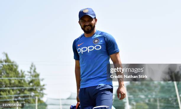 Kedar Jadhav of India looks on during a net session at Edgbaston on June 29, 2019 in Birmingham, England.