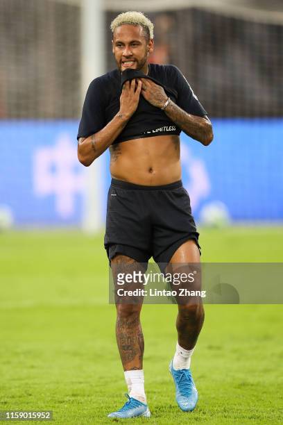 Neymar Jr of Paris Saint-Germain looks during the training session ahead of the French Trophy of Champions football match between Rennes and Paris...
