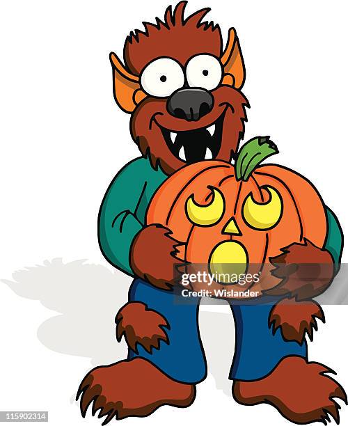 werewolf with pumpkin - werewolf costume stock illustrations