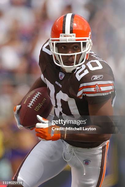 Earl Little of the Cleveland Browns runs with the ball during a football game against the Baltimore Ravens at M&T Stadium on September 14, 2003 in...