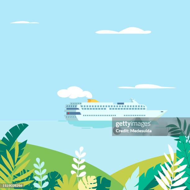 illustrations, cliparts, dessins animés et icônes de bateau de croisière passant des îles tropicales - bateau croisiere