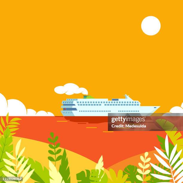 kreuzfahrtschiff vorbei an tropischen inseln bei sonnenuntergang - caribbean sea stock-grafiken, -clipart, -cartoons und -symbole