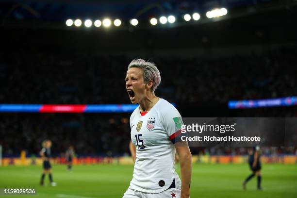 Megan Rapinoe of the USA celebrates after scoring her team's second goal during the 2019 FIFA Women's World Cup France Quarter Final match between...