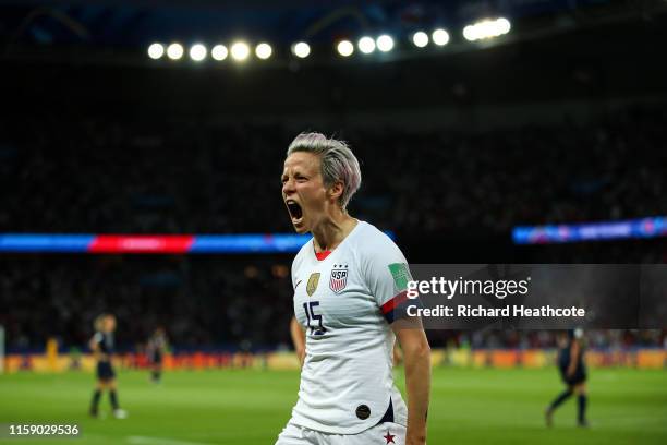 Megan Rapinoe of the USA celebrates after scoring her team's second goal during the 2019 FIFA Women's World Cup France Quarter Final match between...