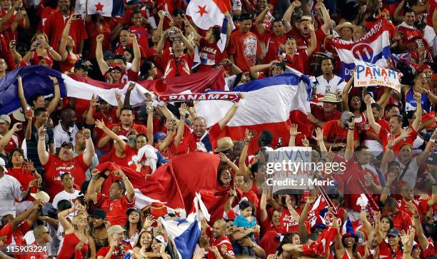 Fans of Team Panama celebrate their teams victory over Team United States during the CONCACAF Gold Cup Match at Raymond James Stadium on June 11,...