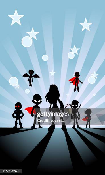 vector kids superhelden team silhouette mit sunburst hintergrund - jugendliche gruppe stock-grafiken, -clipart, -cartoons und -symbole