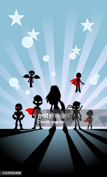 stockillustraties, clipart, cartoons en iconen met vector kids superheld team silhouet met zonnestraal achtergrond - superhero kid