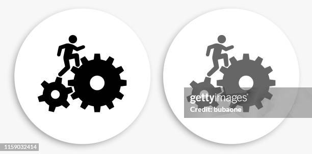 stick figure climbing gear black and white round icon - mechanism of action icon stock illustrations