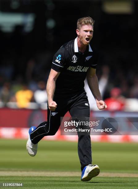 Jimmy Neesham of New Zealand celebrates after taking the wicket of Marcus Stoinis of Australia during the Group Stage match of the ICC Cricket World...