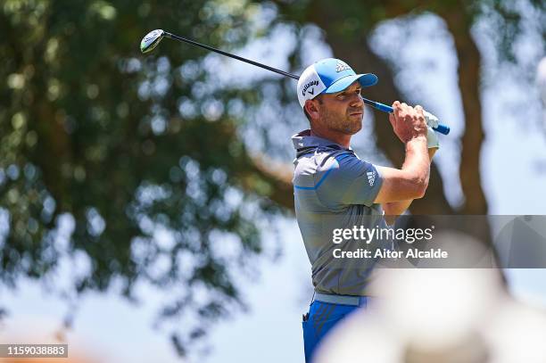 Sergio Garcia of Spain tees of on the 2nd hole during Day Three of the Estrella Damm N.A. Andalucia Masters hosted by the Sergio Garcia Foundation at...