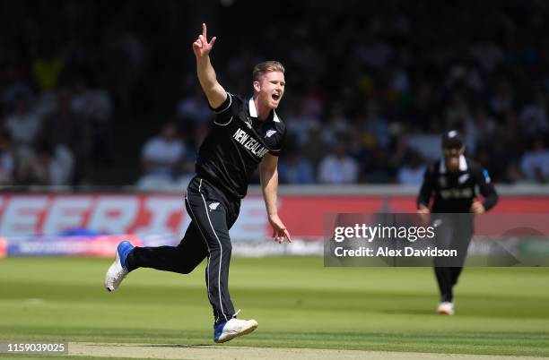 Jimmy Neesham of New Zealand celebrates taking the wicket of Marcus Stoinis of Australia during the Group Stage match of the ICC Cricket World Cup...