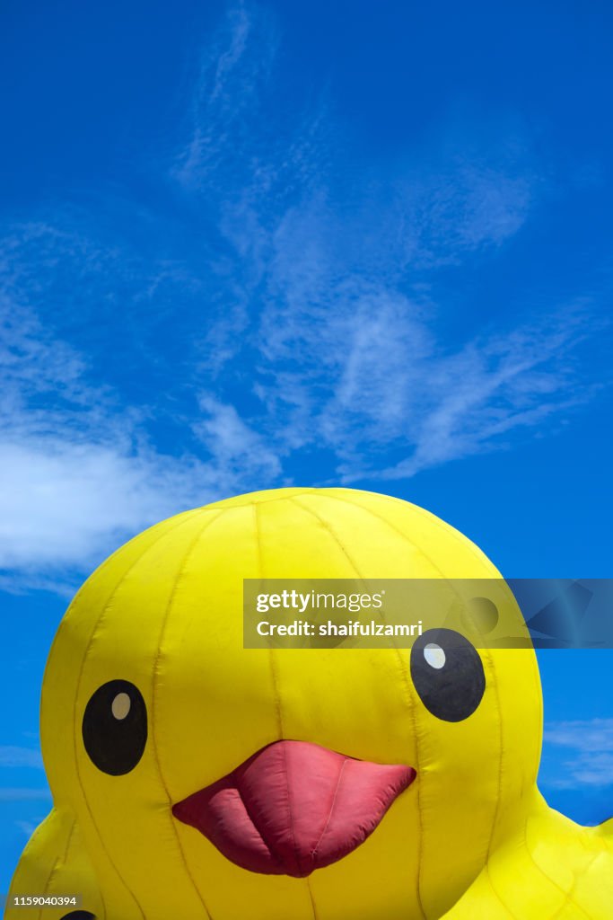 Toy duck emerging from egg over blue sky
