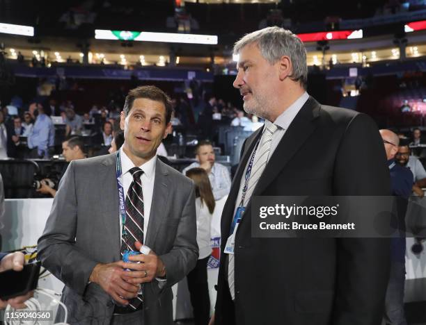 Don Sweeney and Cam Neely of the Boston Bruins attend the 2019 NHL Draft at the Rogers Arena on June 21, 2019 in Vancouver, Canada.