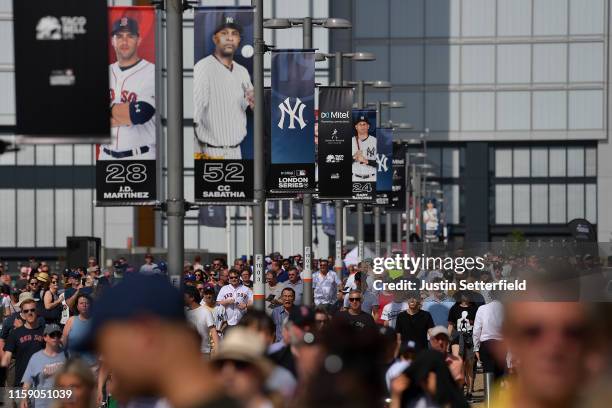 Fans arrive for the MLB London Series game between the New York Yankees and the Boston Red Sox at London Stadium on June 29, 2019 in London, England.