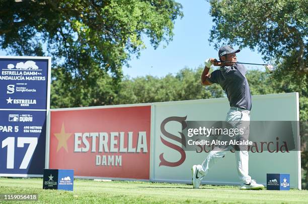 Hideto Tanihara of Japan tees of on the 17th hole during Day Three of the Estrella Damm N.A. Andalucia Masters hosted by the Sergio Garcia Foundation...