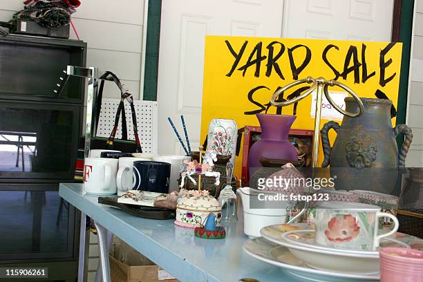 yard sale table - garage sale stock pictures, royalty-free photos & images