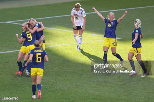 Stina Blackstenius of Sweden celebrates scoring her team's second goal with team mates during the 2019 FIFA Women's World Cup France Quarter Final...