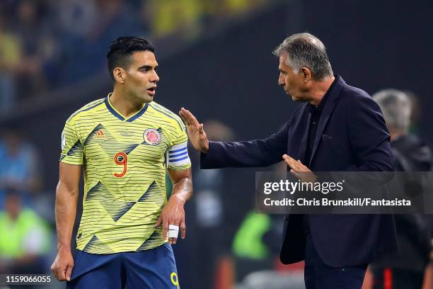 Colombia coach Carlos Queiroz makes a point to Radamel Falcao during the Copa America Brazil 2019 quarterfinal match between Colombia and Chile at...