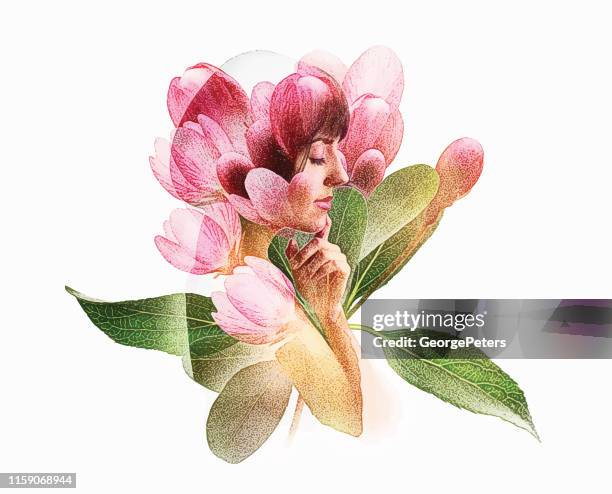 stockillustraties, clipart, cartoons en iconen met meervoudige blootstelling van jonge vrouw en appelbloesem - woman flowers