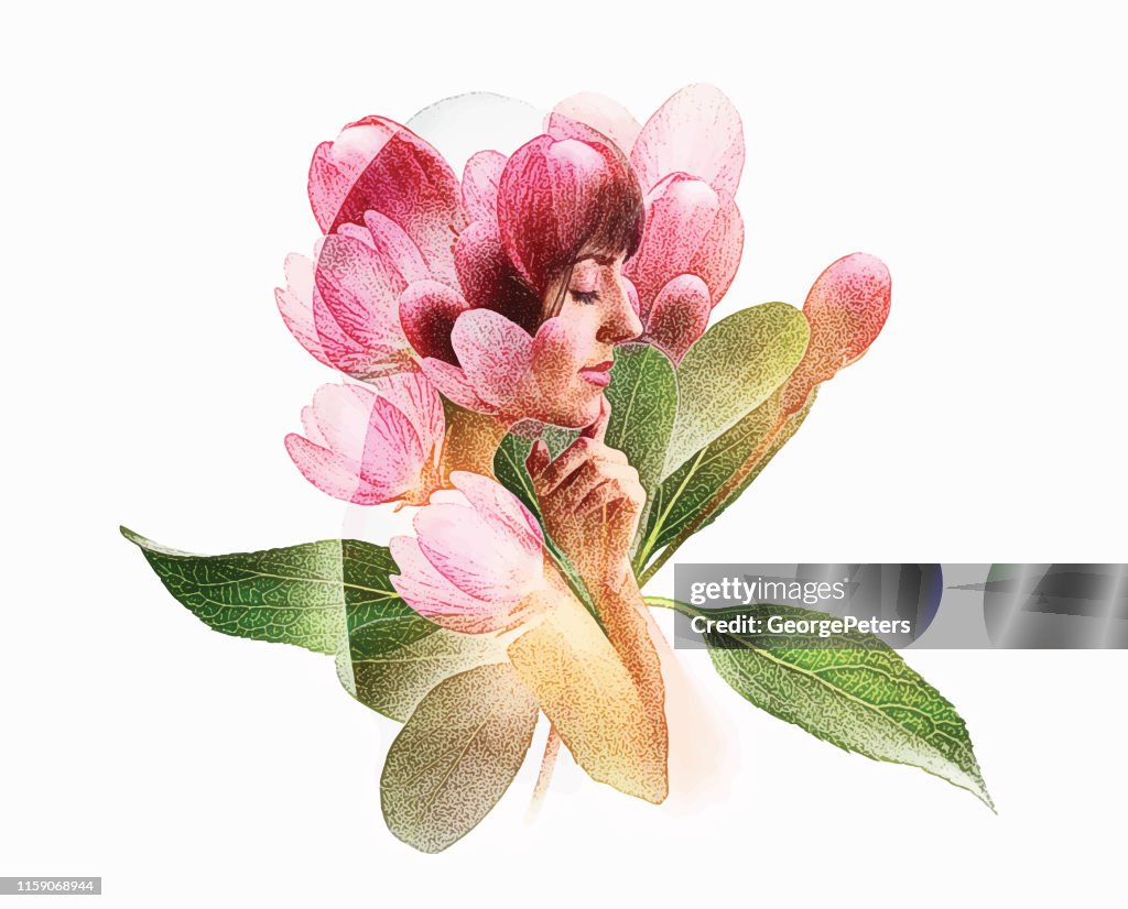 Exposição múltipla de flores da mulher nova e da maçã