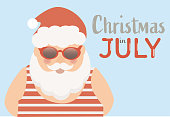 Christmas in July vector. Santa Claus enjoying summer.