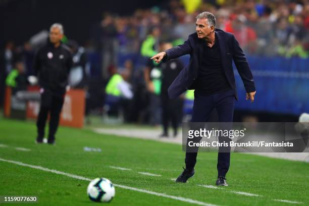 Colombia coach Carlos Queiroz gestures from the touchline during the Copa America Brazil 2019 quarterfinal match between Colombia and Chile at Arena...