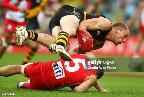Andrew Browne of the Tigers clashes with Ryan O'Keefe of the Swans during the round 12 AFL match between the Sydney Swans and the Richmond Tigers at...